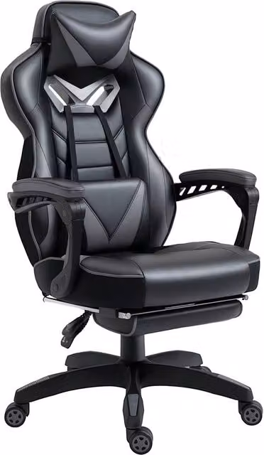 Rolipo Grey PU Leather Racing Gaming Chair with Footrest, Headrest and Lumbar Support