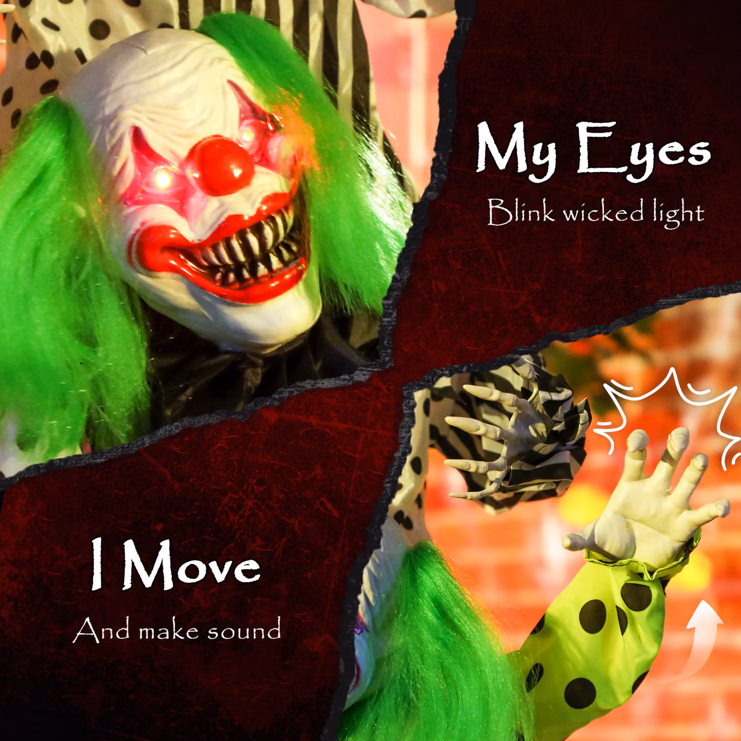 Outsunny Life Size Stackable Halloween Animated Clown with Red Light Up Eyes and Sound Activation, Multicolour Indoor Party Prop – 4