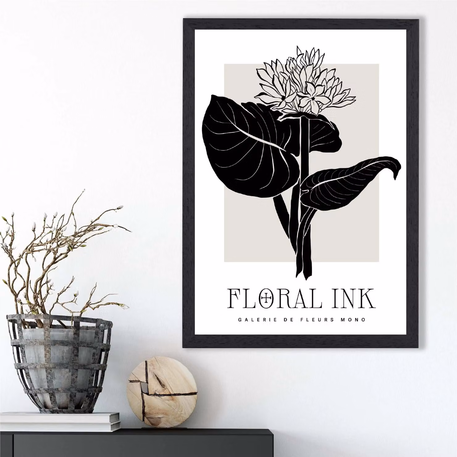 ARTZE Lotus Flower Black and Beige Floral Ink Sketch Framed Print A3 – 2