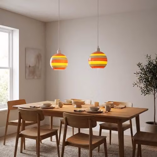 Happy Homewares Multicolour Striped Glass Sphere Pendant Lamp Shade in Red, Yellow and Grey with Retro Character, W/D/H: 20 x 20 x 18 cm – 2