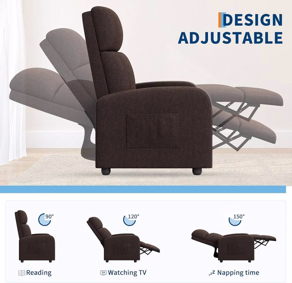 London Boutique Brown Fabric Manual Recliner Chair with Cushion and Side Pocket – 6