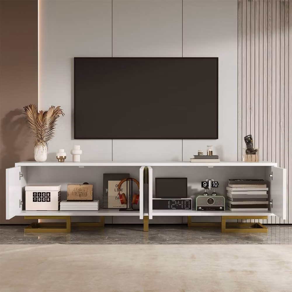 BTM Modern White Glossy TV Stand with Geometric Textured Doors and Gold Handles, W/D/H: 113 cm x 38 cm x 44.5 cm – 3