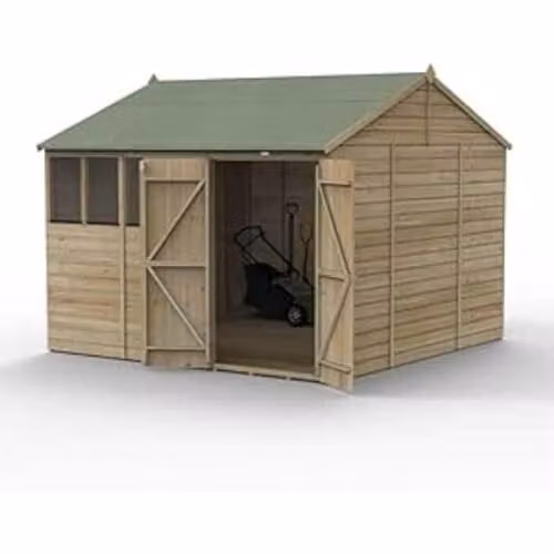 Forest Garden Classic Reverse Apex Wooden Shed with 4 Windows and Double Doors in Green and Brown, W: 304.8 cm, D: 304.8 cm, H: 224.11 cm