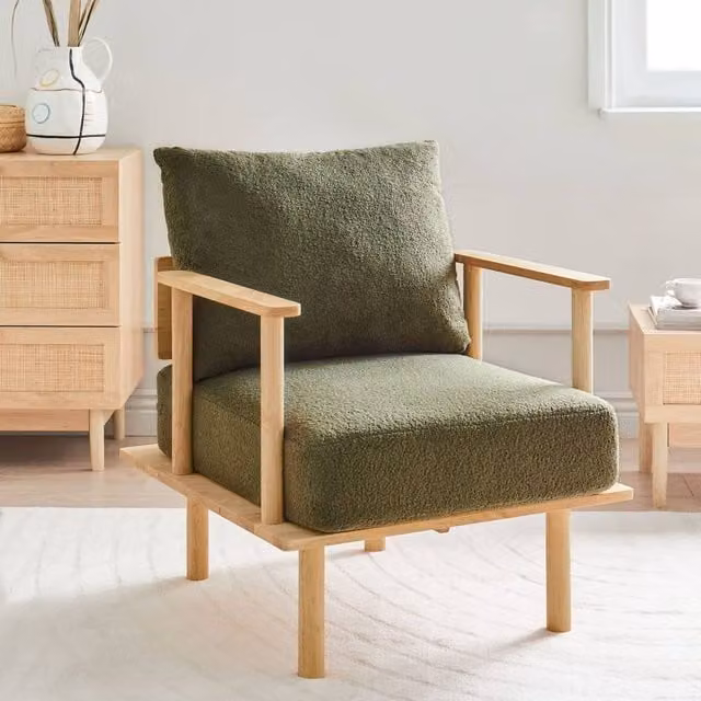 Wyld Haus Japandi Armchair in Green Bouclé with Rubberwood Frame – 1