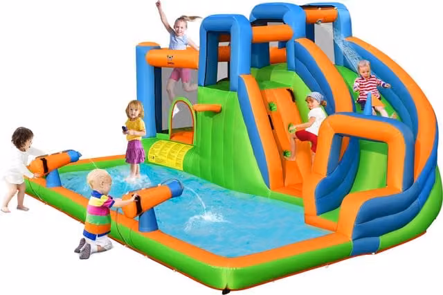 COSTWAY 6 in 1 Inflatable Kids Water Park Play Centre with Slide and Spray in Blue and Multicolour