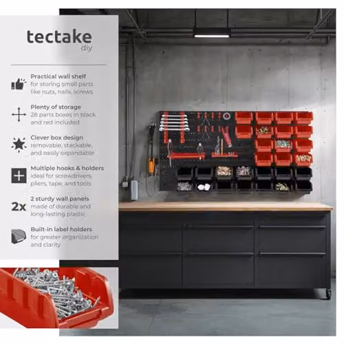 tectake 44 Piece Wall-Mounted Tool Storage Organiser with 28 Parts Boxes in Black and Red – 2