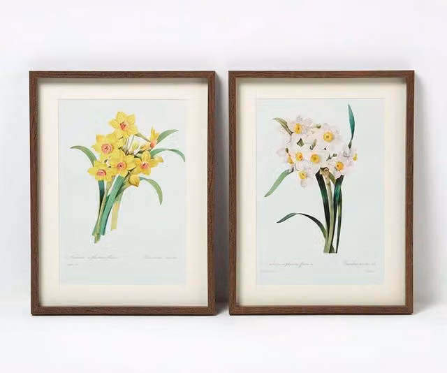 Homescapes Set of 2 Vintage Floral Narcissus Flower Wall Art in Yellow and White, W/H: 30 x 40 cm