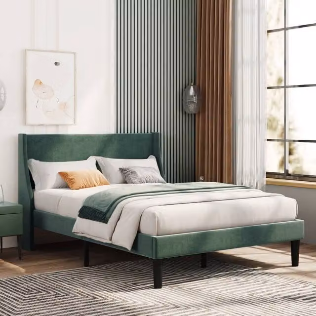 Matteo Single Velvet Bed with Winged Headboard in Green – 1