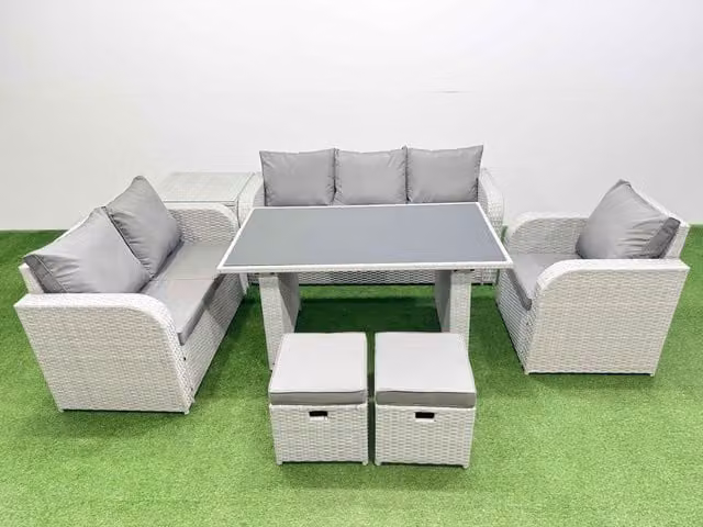 Fimous 8 Seater Rattan Outdoor Sofa Set with Side Table and 2 Stools in Light Grey