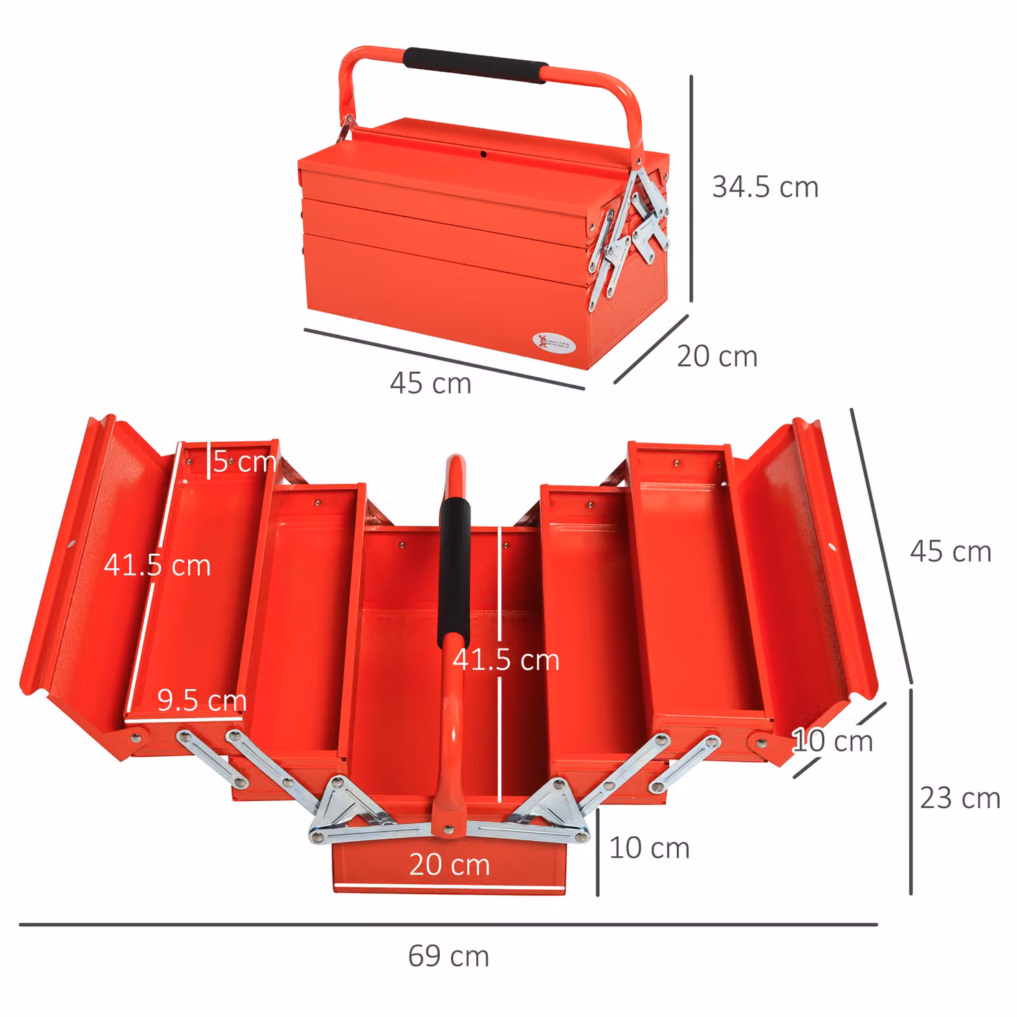 DURHAND Professional Metal Tool Box, 3 Tier 5 Tray Cantilever Storage Cabinet with Carry Handle, Red, W: 45 cm, D: 22.5 cm, H: 34.5 cm – 3