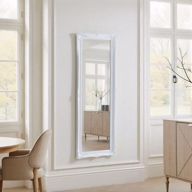 Yearn French Style Carved Full Length Wall Mirror in White, H 166 cm x W 60 cm