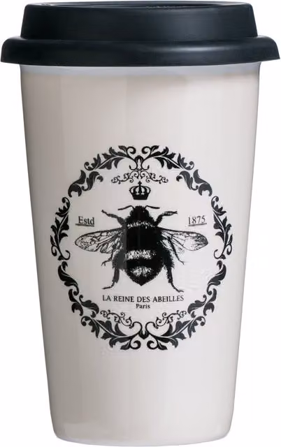 Orsina Queen Bee Ceramic Reusable Mug with Silicone Lid in Black and Beige – 1