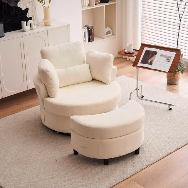 Aosom.UK Ivory Chenille 360 Degree Swivel Armchair Set with 3 Back Cushions and Crescent Ottoman Stool, W/D/H: 105 x 107 x 82 cm