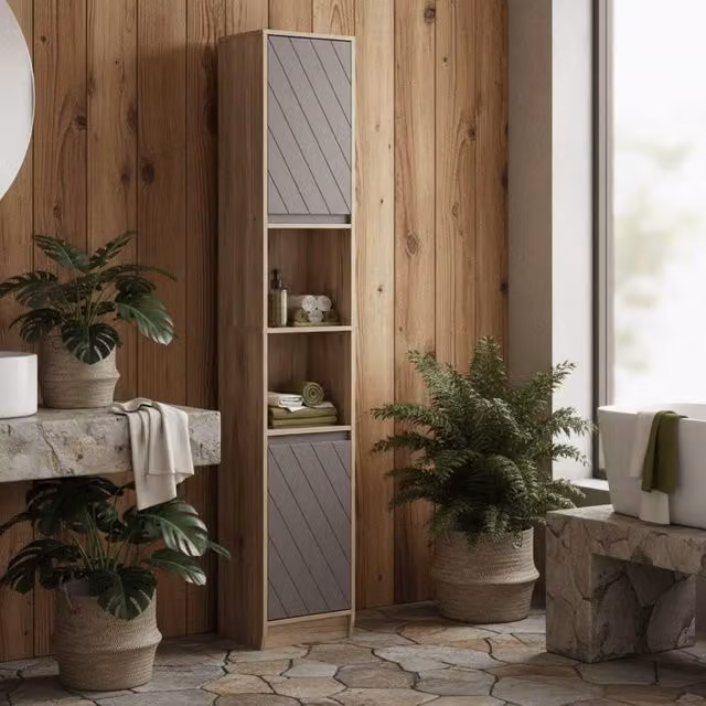 Wyld Haus Kaeldo Slim Freestanding Bathroom Storage Cabinet in Grey and Oak, H 170 x W 24 x D 30 cm – 1