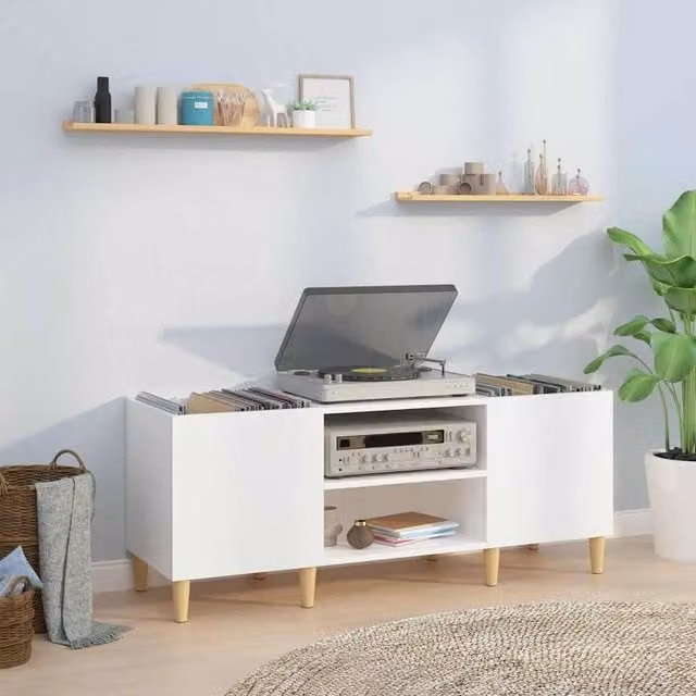 Berkfield Home Record Cabinet in High Gloss White, W/D/H: 121 x 38 x 48 cm