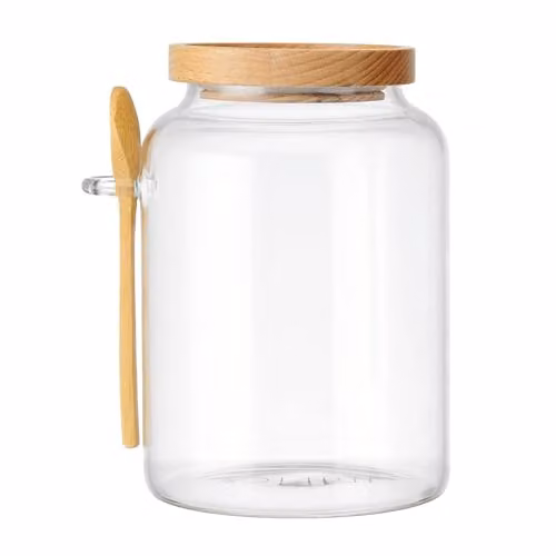 KitchenCraft Idilica Airtight Glass Storage Jar with Beechwood Lid and Bamboo Spoon, 1200ml, Transparent – 1