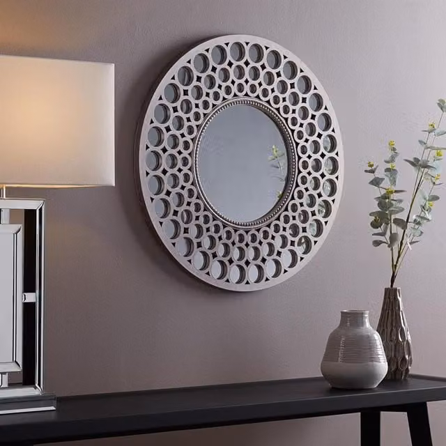 Biznest Round Geometric Designer Wall Mirror in Silver