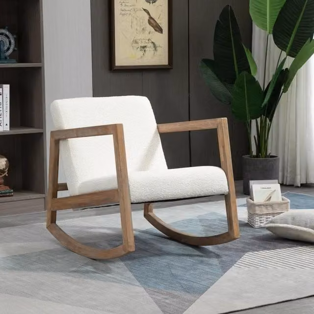 Chilli Seating Modern Boucle Fabric Rocking Chair with Armrests in Beige and White