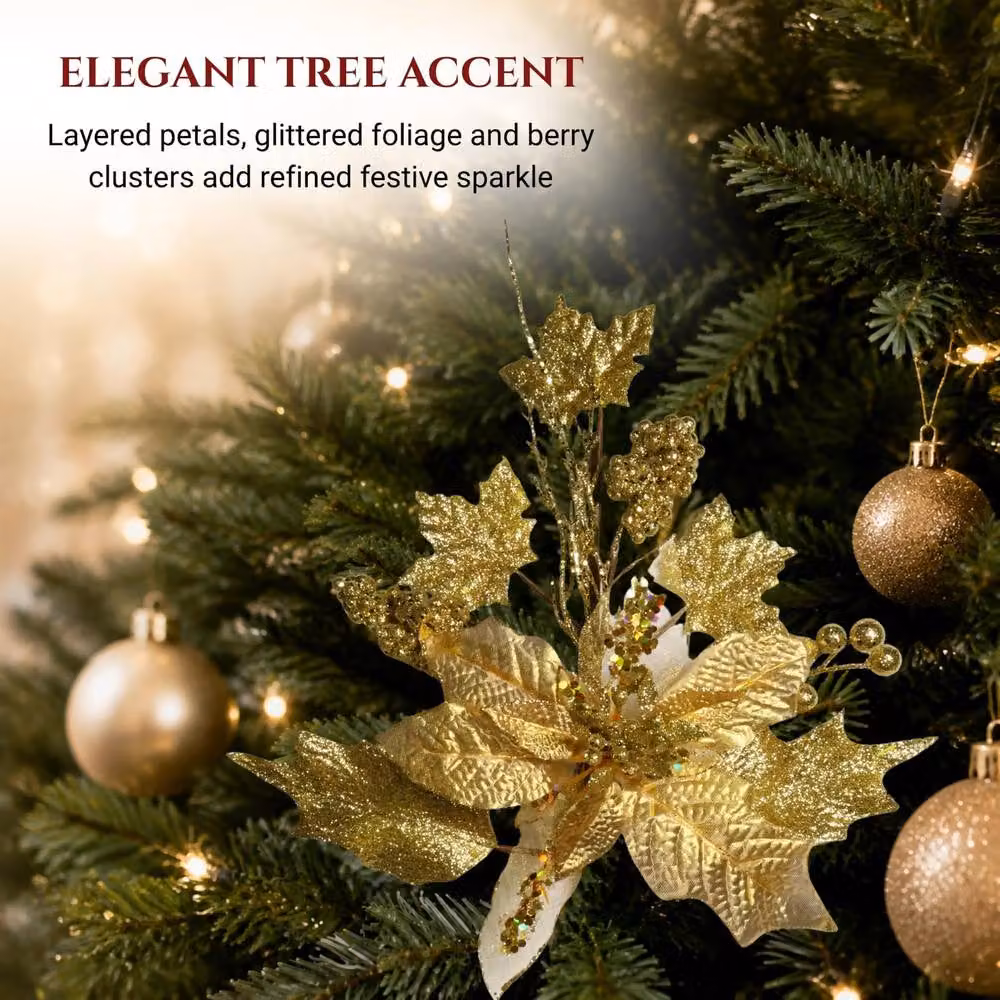 Shatchi Gold Glitter Poinsettia and Berry Christmas Picks, 12 Pack, Height: 46 cm – 5