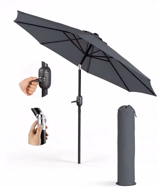 Keplin 2.7m Tilting Parasol Umbrella in Grey with Polyester Canopy and Steel Frame