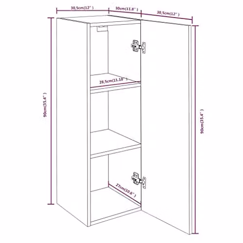 vidaXL Set of 2 Modern Wall-Mounted Grey TV Cabinets with Hinged Doors and Internal Shelves, W/D/H: 30.5 x 30.0 x 90.0 cm – 3