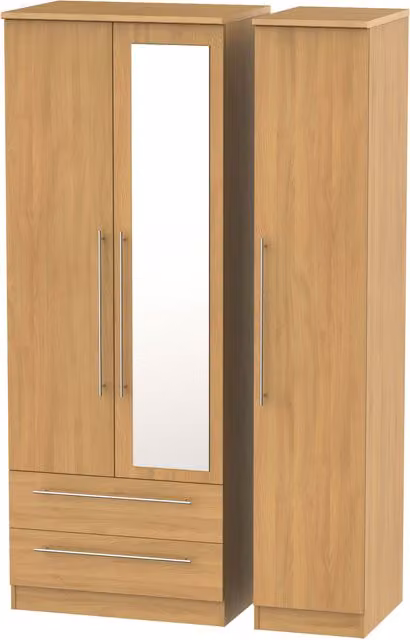 Ready Assembled 2 U Carlton Triple Mirror Wardrobe with 2 Internal Drawers in Natural