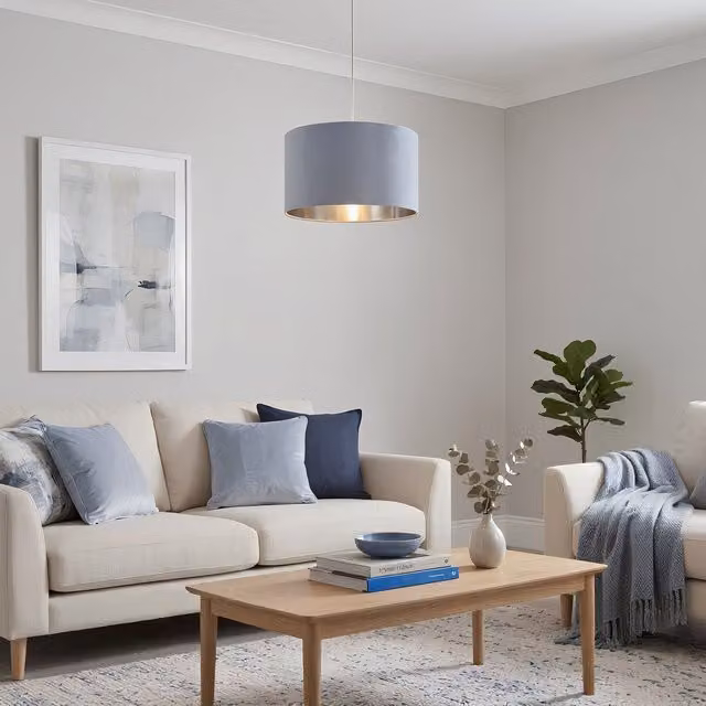 Lighting Collection Blue Velvet Drum Lamp Shade with Silver Inner, Diameter: 45 cm – 1