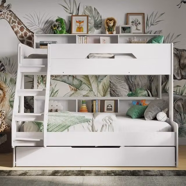 Flair Interstellar Triple Bunk Bed with Stairs and Drawers in White and Grey