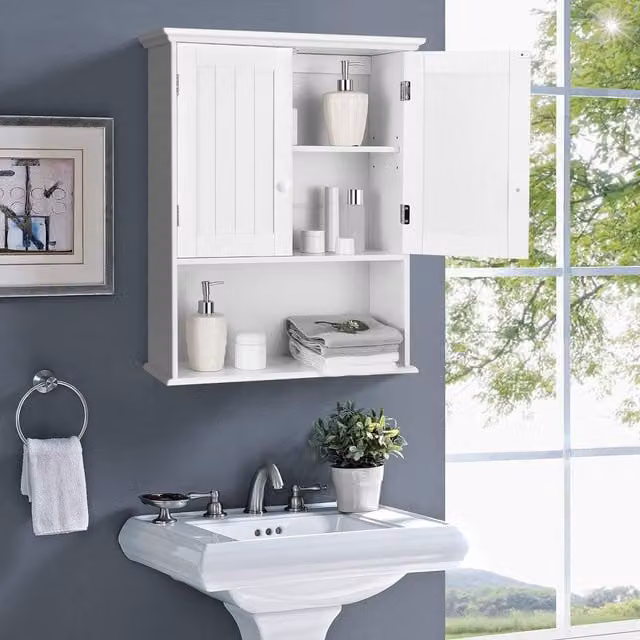 Costway White Wall Mounted Bathroom Storage Cabinet with Adjustable Internal Shelves and Hinged Doors – 1