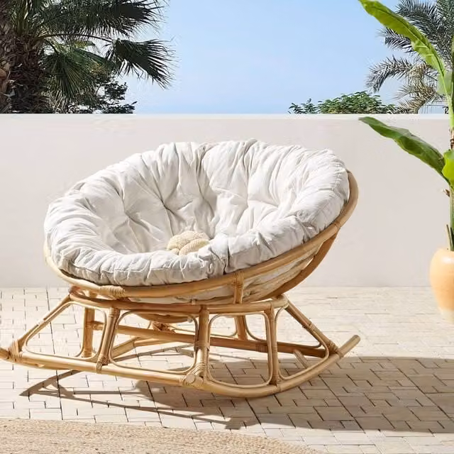 Wyld and Coco Handwoven Natural Rattan Rocking Chair with Beige Cotton Cushion