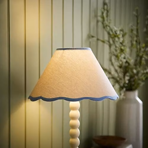 ValueLights Small Natural Linen Tapered Clip-On Lamp Shade with Blue Scallop Trim, Width: 27 cm – 2