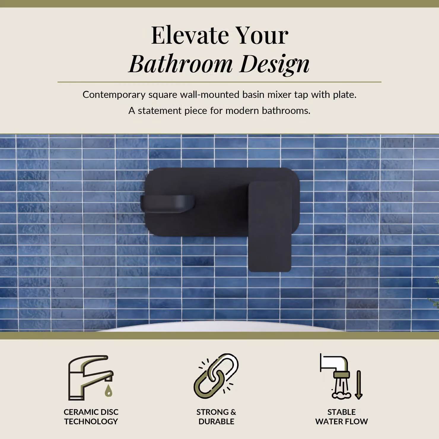 Balterley Square Wall Mount 2 Tap Hole Basin Mixer Tap with Back Plate, Matt Black – 2