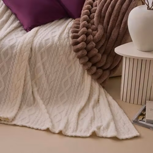 OHS Fleece Cable Knit Throw Blanket, Cream, W/D/H: 230 x 270 cm – 3