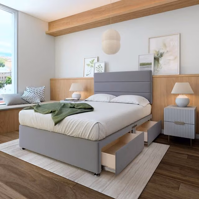 Bedmaster Plush Velvet Divan Base with Storage Drawers and Lined Headboard in Silver/Grey, 150 x 200 cm