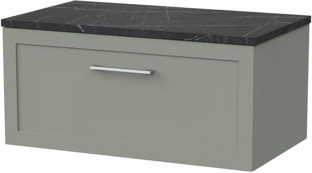 Balterley Stonnall Wall Mounted 1 Drawer Vanity with Black Pietra Top, Reed Green, Width: 80 cm
