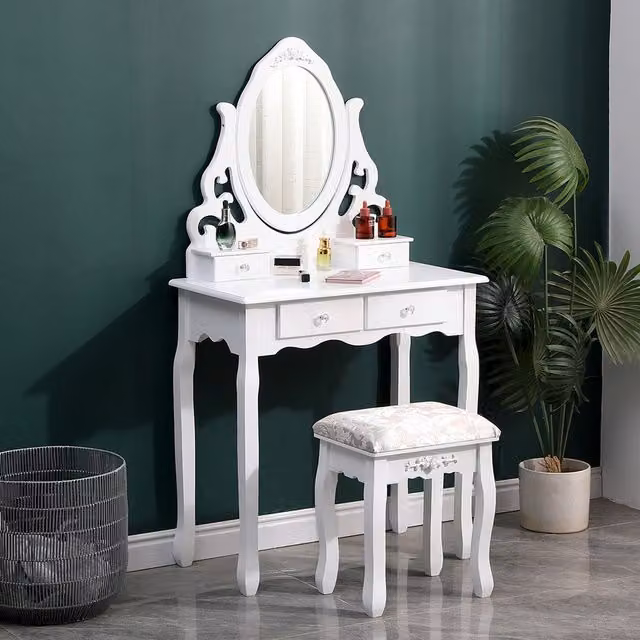 Livingandhome Modern White Lacquered Makeup Vanity Desk with Mirror and Stool