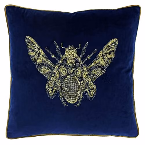 Paoletti Cerana Embroidered Bee Velvet Cushion in Blue and Gold, W/D/H: 50 x 50 x 50 cm