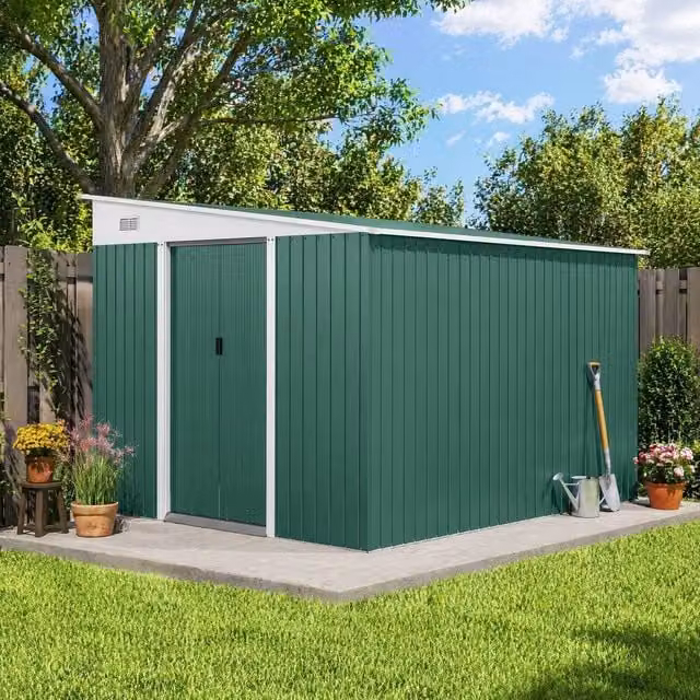 STILVORA Green Galvanised Steel Pent Garden Storage Shed with Double Sliding Doors, W/D/H: 345 x 333 x 201 cm