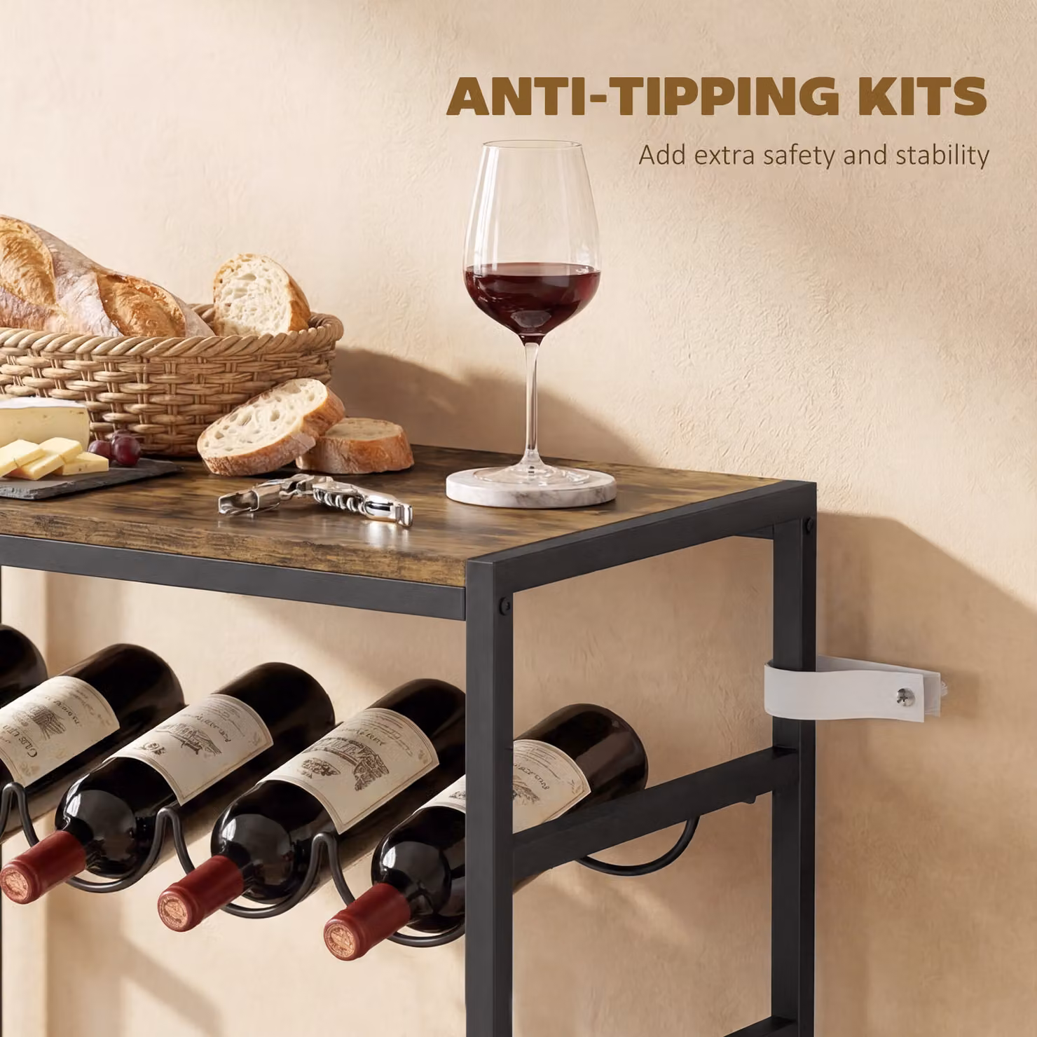 HOMCOM 6 Tier Freestanding Wine Rack for 30 Bottles with Wood Effect Tabletop in Rustic Brown and Black – 6