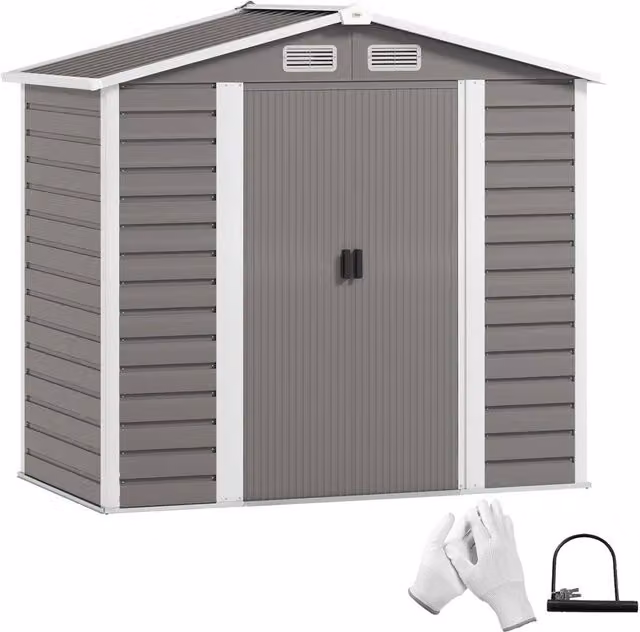 Rolipo Galvanised Steel Garden Shed with Foundation Kit and Lock, Light Grey – 1