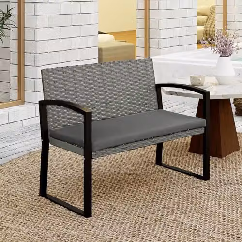 Outsunny 2 Seater Rattan Garden Bench with Cushion and Metal Frame, Grey – 6