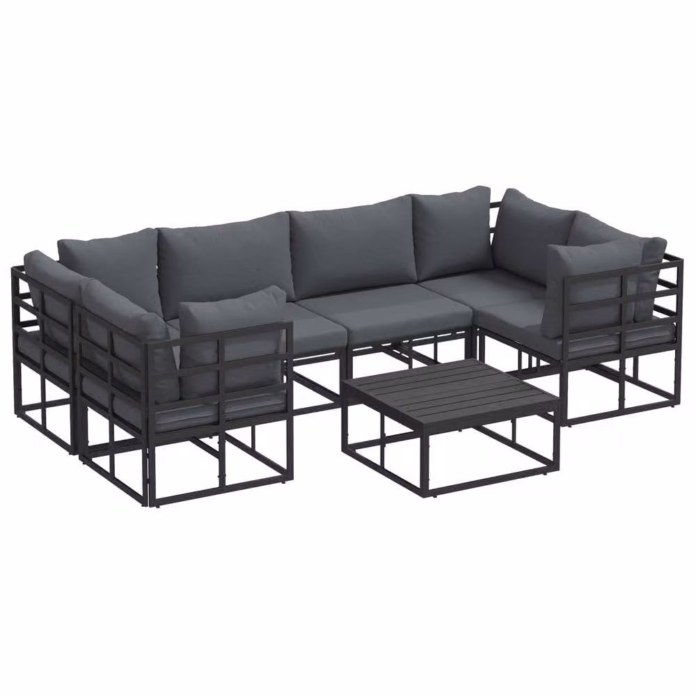 Berkfield Home 7 Piece L-Shape Garden Sofa Set in Black Powder Coated Aluminium with UV-Resistant Upholstered Cushions – 2