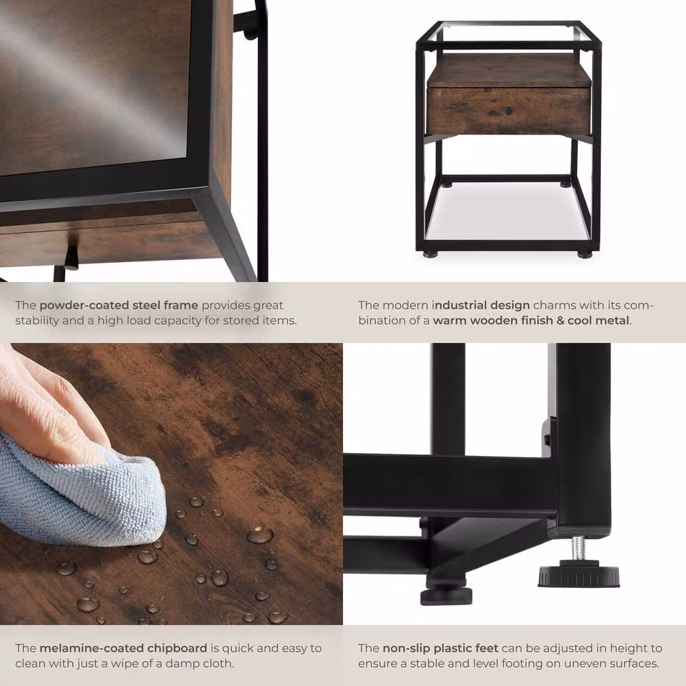 tectake Minimalist Nightstand with Glass Surface and Drawer in Brown – 4
