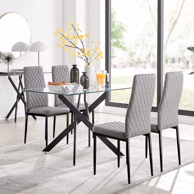 FurnitureboxUK Leonardo Grey Glass Dining Table with Four Milan Black Leg Chairs