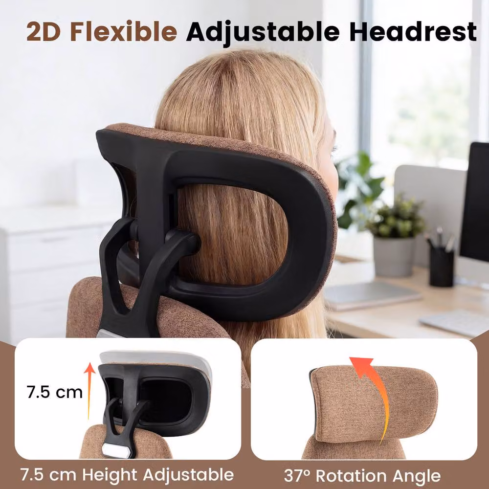 Costway Brown Fabric Office Chair with 2D Adjustable Headrest, Rocking Backrest and 360 Degree Swivel – 5