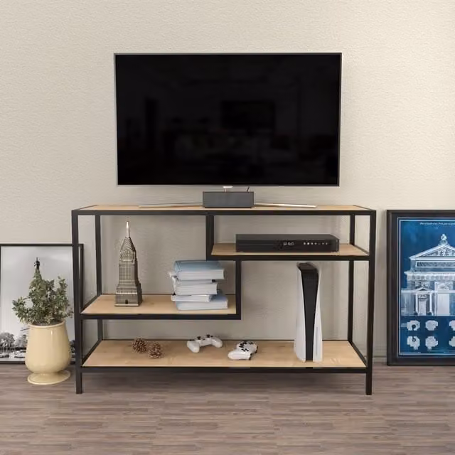 Decorotika Industrial TV Unit in Black and Brown Wood and Metal, W: 120.0 cm, D: 39.0 cm, H: 75.0 cm