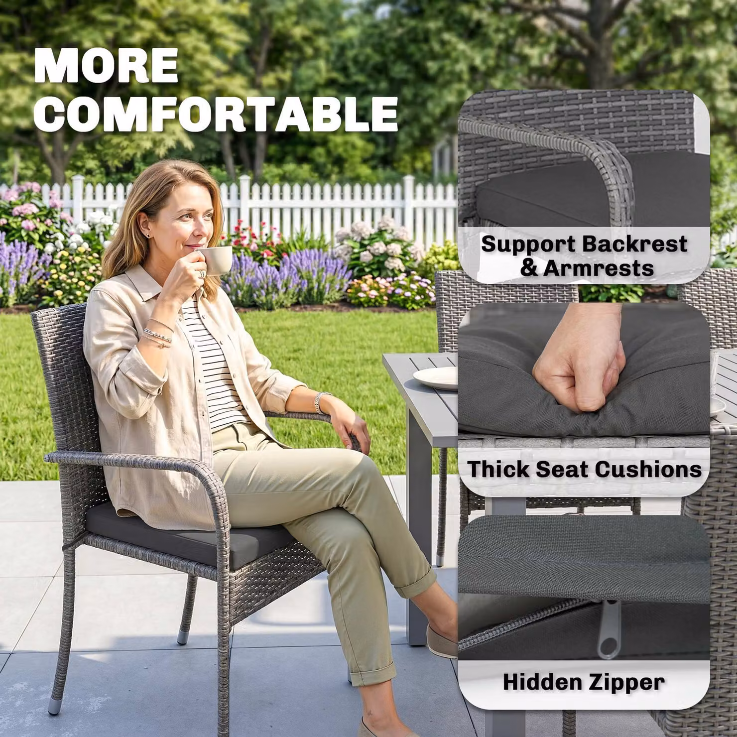Outsunny 7 Piece Grey Rattan Garden Furniture Set with Extendable Acacia Wood Tabletop and 6 Stackable Chairs – 5