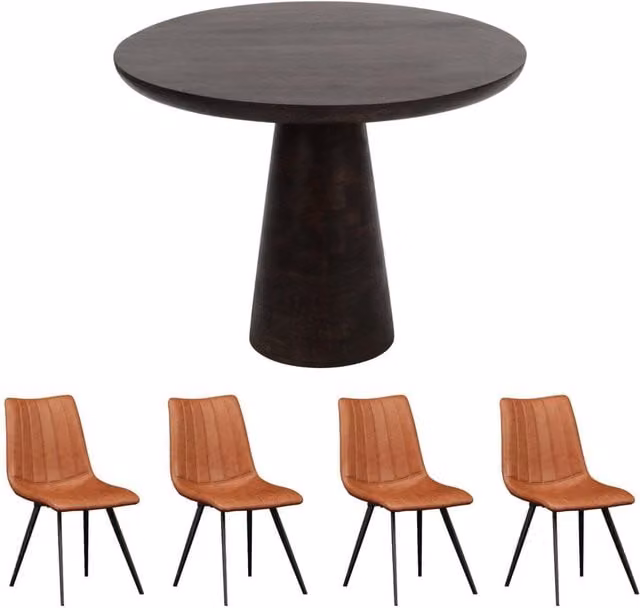 IH Design Modern Round Mango Wood Dining Set with 4 Chairs in Brown