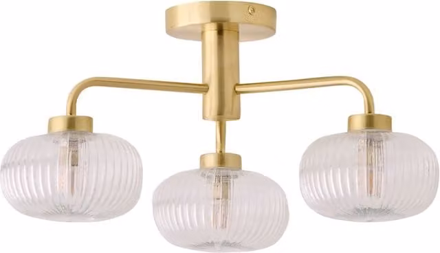 ValueLights Amaia 3 Way IP44 Bathroom Ceiling Light with Ribbed Glass Shade in Gold/Brass
