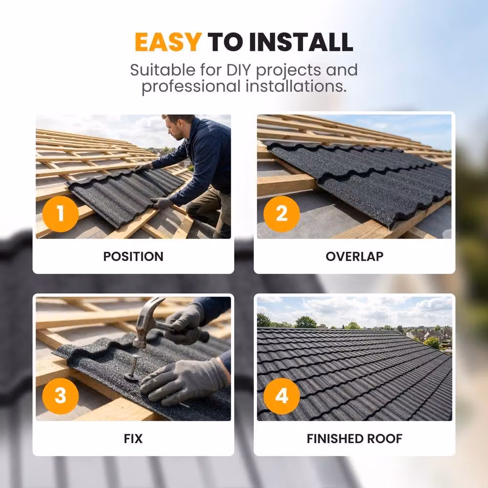 Novecrafto Stone Coated Galvanised Metal Roof Shingles in Dark Grey, 15 Covers, 7.11m² – 6